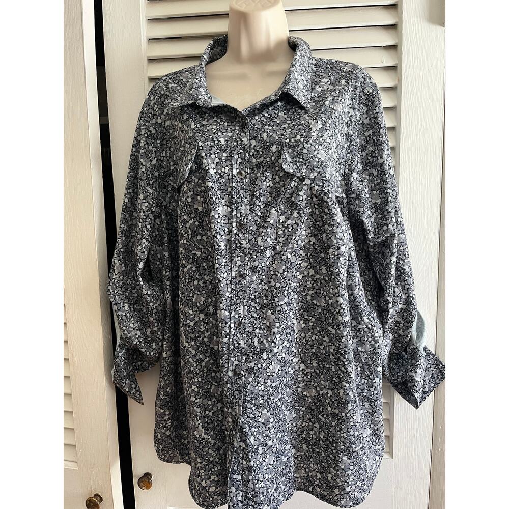 Lands' End silky feel tunic blouse 2X convertible sleeves 2 pockets muted grays